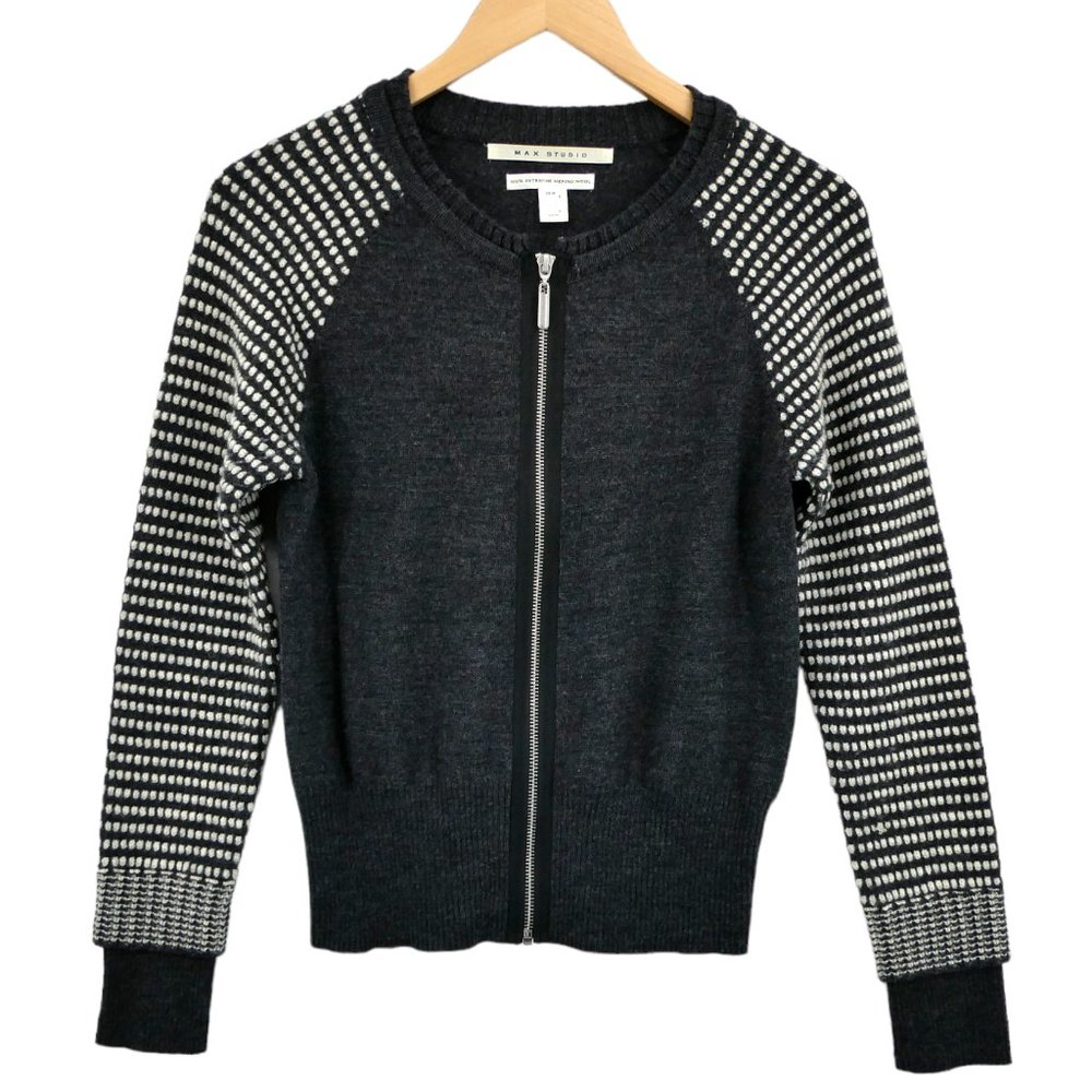 Max Studio Size Small Black & White 100% Extra Fine Merino Wool Zip Up Sweater